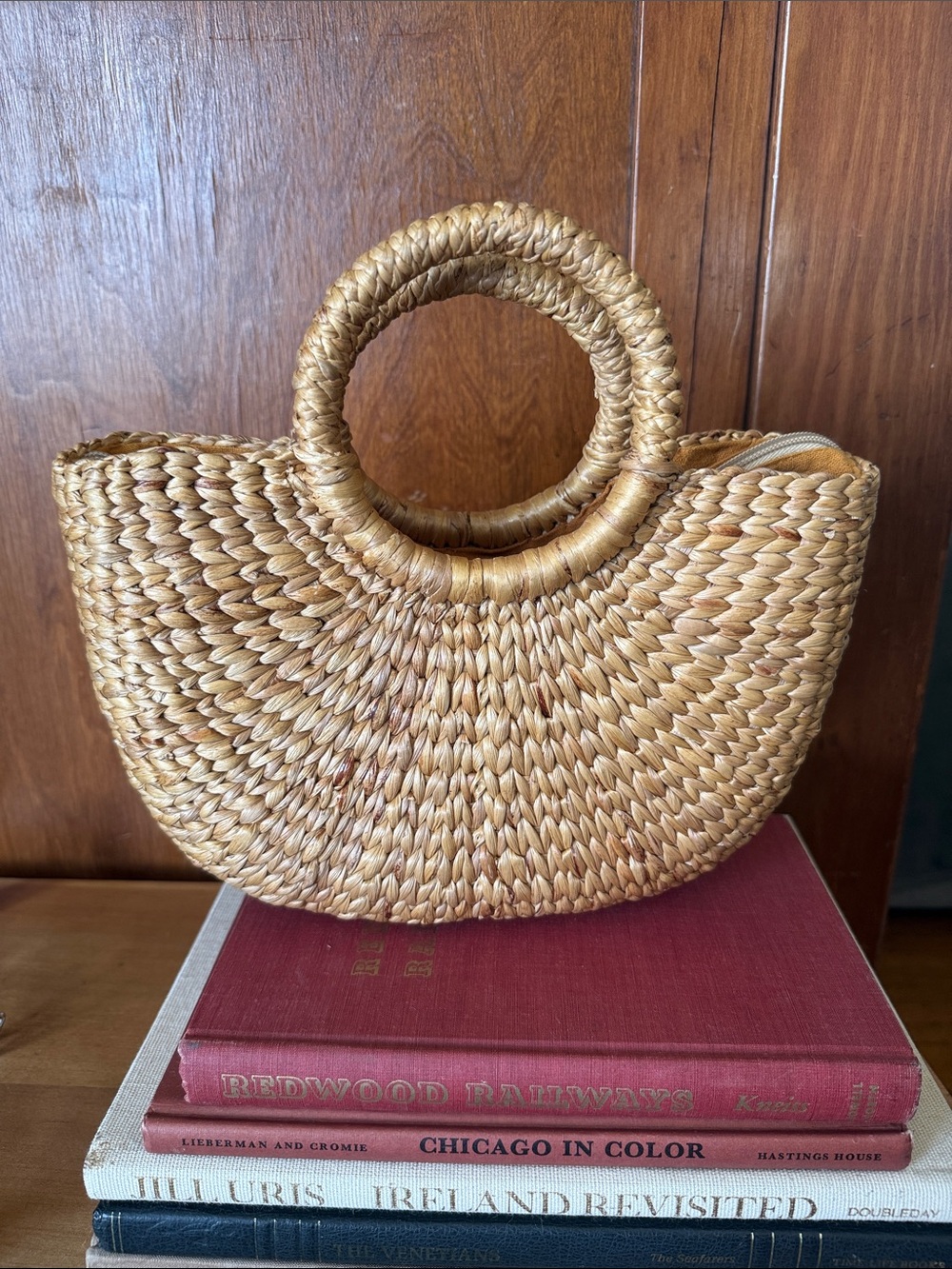 Woven Straw Circle Handle Handbag in Natural